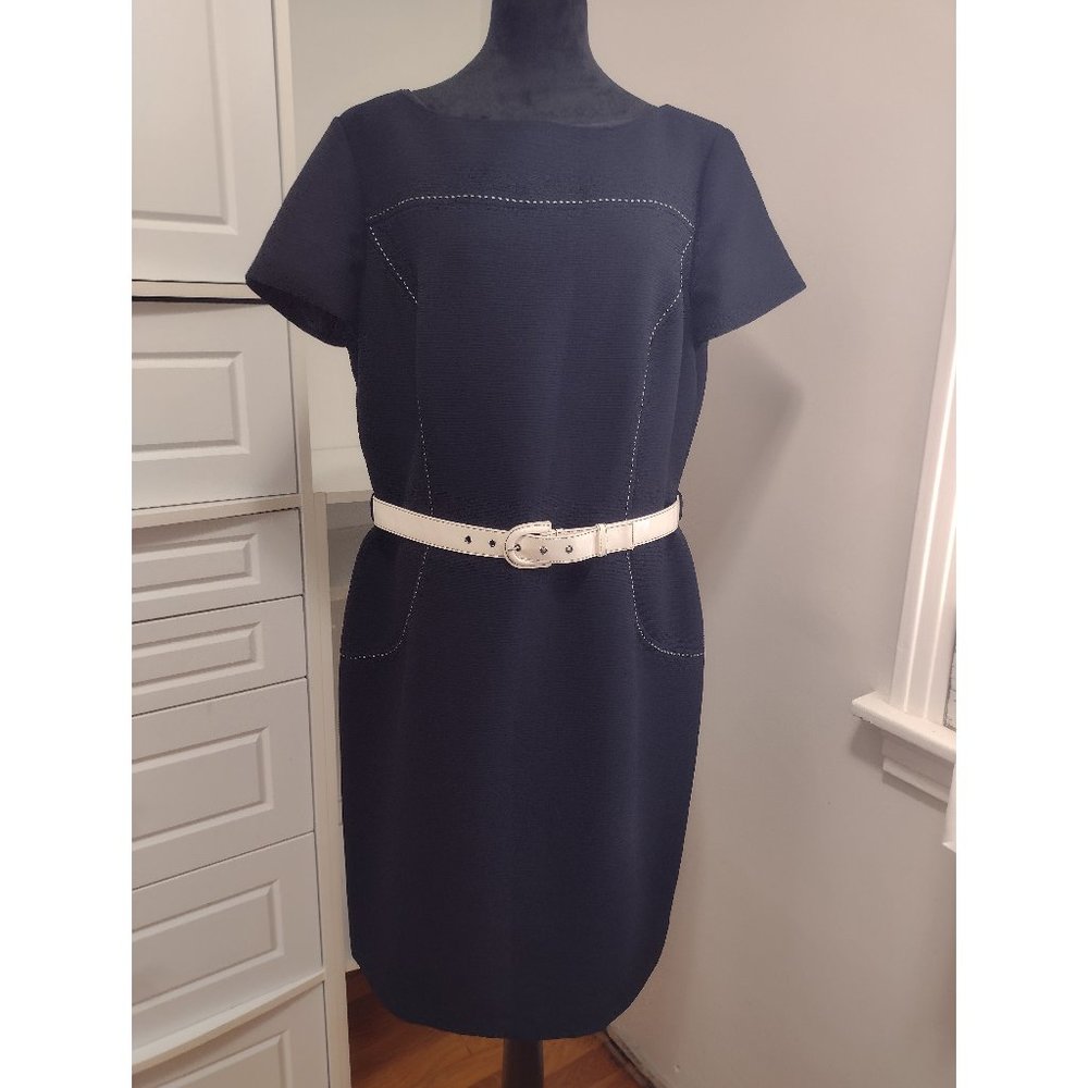 Antonio Melani Short Sleeve Navy Blue Dress with White Stitching Accents
